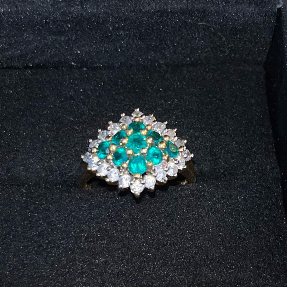 Green and white CZ sterling silver ring